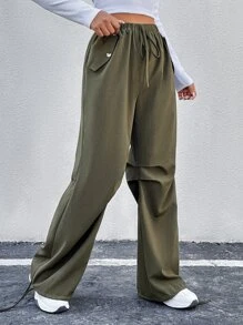 SHEIN Unity High Waist Flap Pocket Side Parachute Trousers - Army Green - View 1