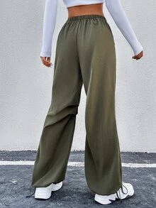 SHEIN Unity High Waist Flap Pocket Side Parachute Trousers - Army Green - View 2