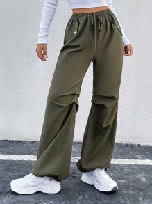 SHEIN Unity High Waist Flap Pocket Side Parachute Trousers - Army Green - View 3