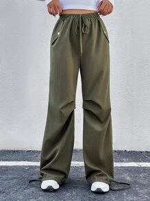 SHEIN Unity High Waist Flap Pocket Side Parachute Trousers - Army Green - View 5