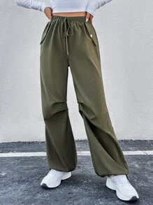 SHEIN Unity High Waist Flap Pocket Side Parachute Trousers - Army Green - View 6