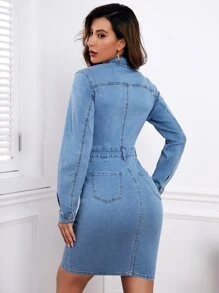 Flap Pocket Button Front Denim Dress - Light Wash - View 2