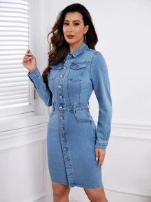Flap Pocket Button Front Denim Dress - Light Wash - View 4