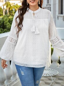SHEIN LUNE Plus Tie Neck Lantern Sleeve Blouse - White - View 1
