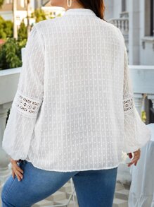 SHEIN LUNE Plus Tie Neck Lantern Sleeve Blouse - White - View 2