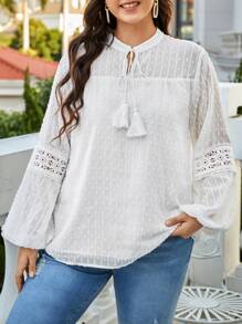 SHEIN LUNE Plus Tie Neck Lantern Sleeve Blouse - White - View 3