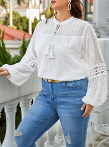 SHEIN LUNE Plus Tie Neck Lantern Sleeve Blouse - White - View 6