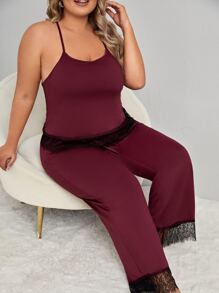 Plus Lace Trim Cami Top & Trousers Pyjama Set - Maroon - View 1