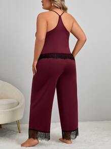 Plus Lace Trim Cami Top & Trousers Pyjama Set - Maroon - View 2