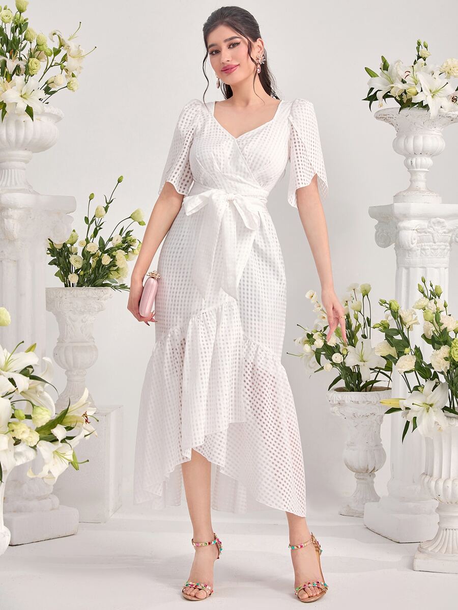 Modelyn 花瓣袖魚尾裙下擺繫腰帶洋裝