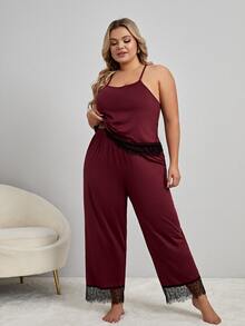 Plus Lace Trim Cami Top & Trousers Pyjama Set - Maroon - View 3