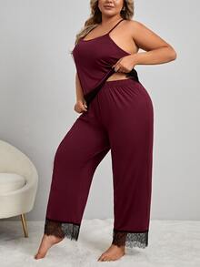 Plus Lace Trim Cami Top & Trousers Pyjama Set - Maroon - View 4