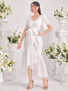 Modelyn 花瓣袖魚尾裙下擺繫腰帶洋裝