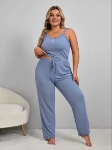 Plus Fake Button Lace Trim Tie Front PJ Set / Pajama Set - Dusty Blue - View 2