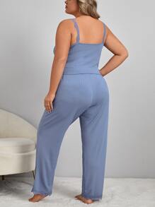 Plus Fake Button Lace Trim Tie Front PJ Set / Pajama Set - Dusty Blue - View 3