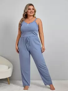 Plus Fake Button Lace Trim Tie Front PJ Set / Pajama Set - Dusty Blue - View 4