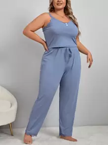 Plus Fake Button Lace Trim Tie Front PJ Set / Pajama Set - Dusty Blue - View 5