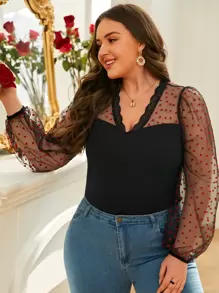 SHEIN Frenchy Plus Contrast Dobby Mesh Lantern Sleeve Lace Trim Top - Black - View 1