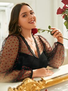 SHEIN Frenchy Plus Contrast Dobby Mesh Lantern Sleeve Lace Trim Top - Black - View 2