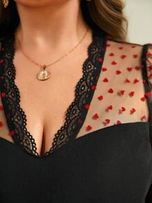 SHEIN Frenchy Plus Contrast Dobby Mesh Lantern Sleeve Lace Trim Top - Black - View 3