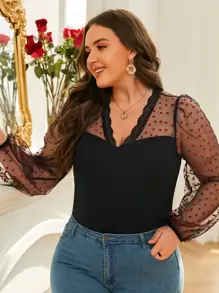 SHEIN Frenchy Plus Contrast Dobby Mesh Lantern Sleeve Lace Trim Top - Black - View 8