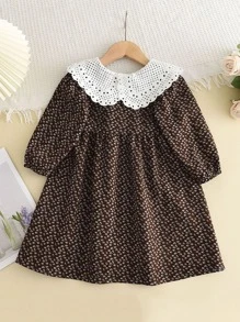 花朵印花凱波爾蕾絲插入短裙,適合年輕女孩 - 巧克力棕 - 查看 2