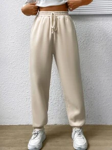 SHEIN EZwear Solid Slant Pocket Drawstring Waist Joggers - Apricot - View 1