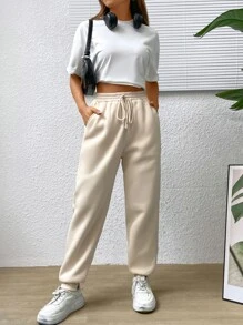 SHEIN EZwear Solid Slant Pocket Drawstring Waist Joggers - Apricot - View 3