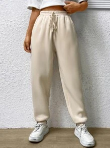 SHEIN EZwear Solid Slant Pocket Drawstring Waist Joggers - Apricot - View 4