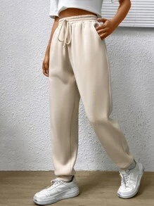 SHEIN EZwear Solid Slant Pocket Drawstring Waist Joggers - Apricot - View 5