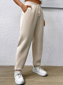 SHEIN EZwear Solid Slant Pocket Drawstring Waist Joggers - Apricot - View 6
