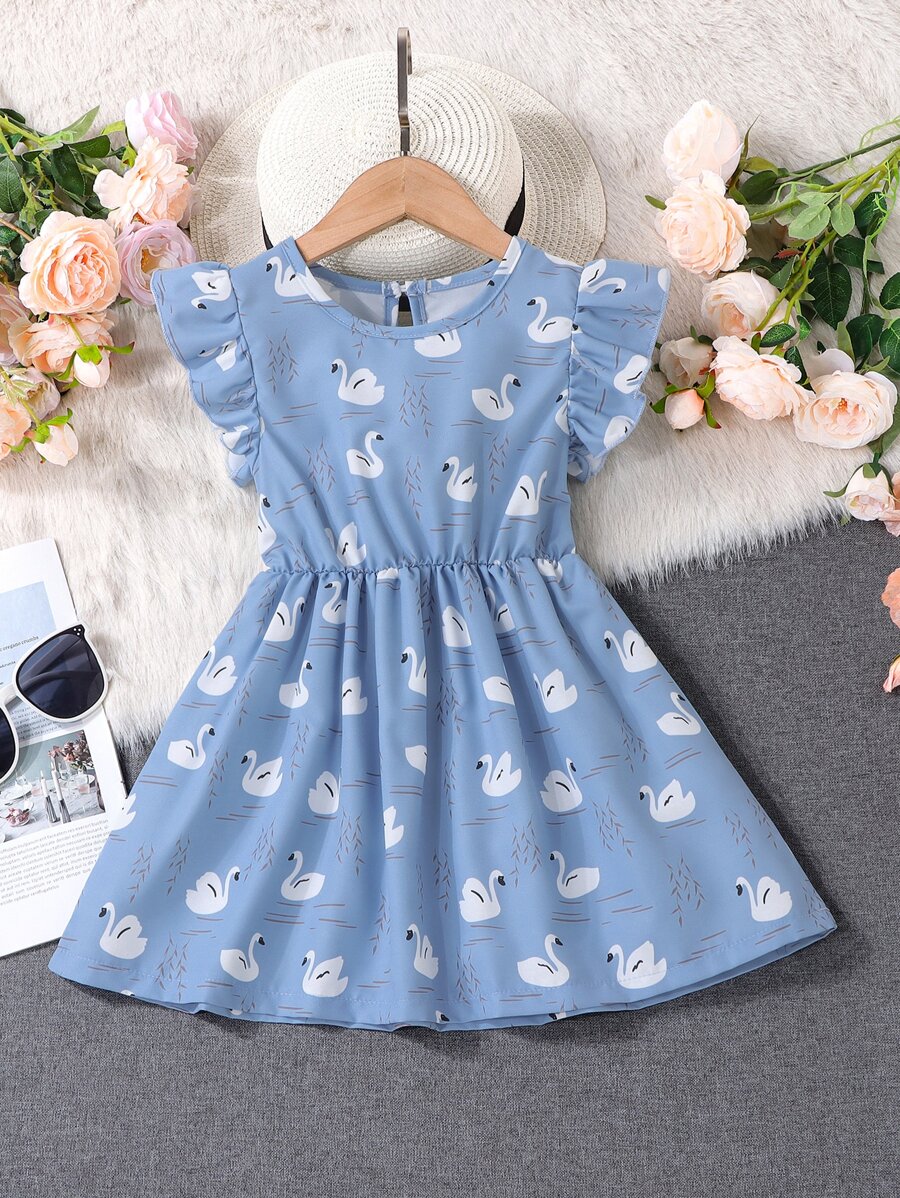 SHEIN Niñas Vestido cisne con estampado ribete con fruncido - Azul - Ver 1