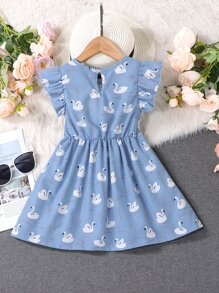 SHEIN Niñas Vestido cisne con estampado ribete con fruncido - Azul - Ver 2