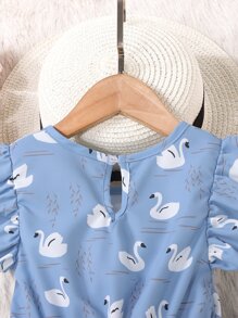 SHEIN Niñas Vestido cisne con estampado ribete con fruncido - Azul - Ver 4