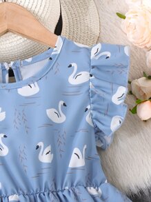 SHEIN Niñas Vestido cisne con estampado ribete con fruncido - Azul - Ver 6