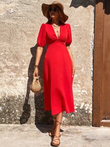 SHEIN Holidaya Cut Out Puff Sleeve Dress - Red - View 4