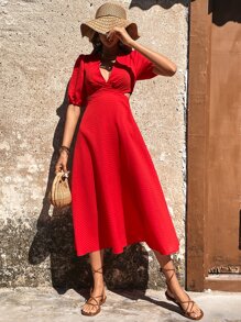 SHEIN Holidaya Cut Out Puff Sleeve Dress - Red - View 6