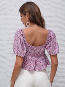 SHEIN VCAY 小碎花泡泡袖荷葉邊下擺襯衫 - 彩色 - 查看 2