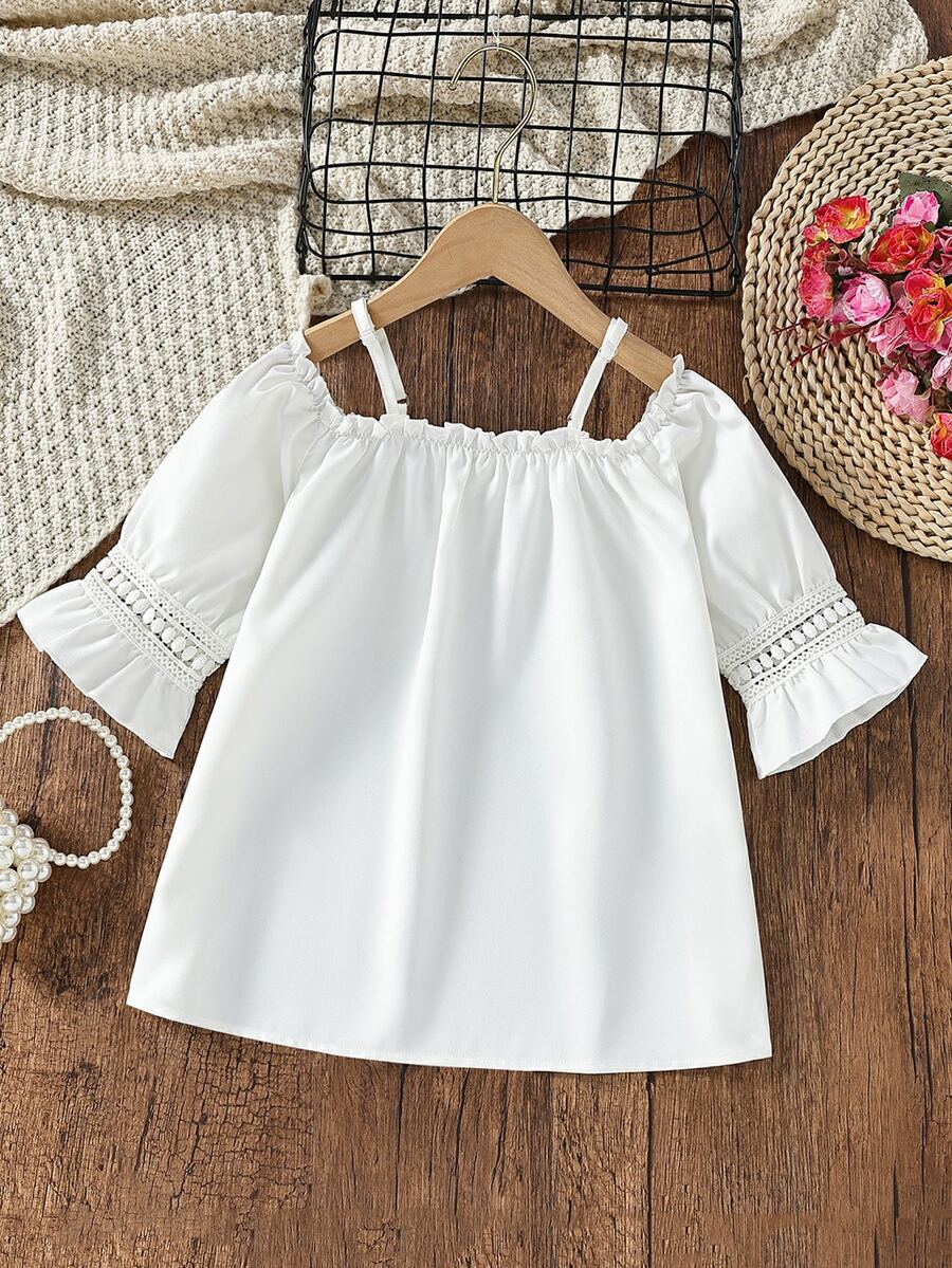 Girls Cold Shoulder Frill Trim Blouse - White - View 1