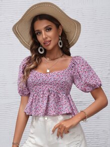 SHEIN VCAY 小碎花泡泡袖荷葉邊下擺襯衫 - 彩色 - 查看 4