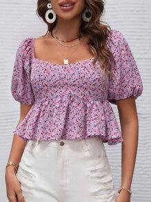 SHEIN VCAY 小碎花泡泡袖荷葉邊下擺襯衫 - 彩色 - 查看 6