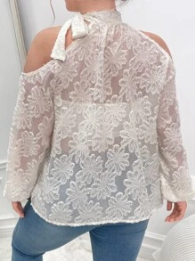 SHEIN Frenchy Plus Cold Shoulder Jacquard Blouse - White - View 2