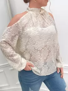 SHEIN Frenchy Plus Cold Shoulder Jacquard Blouse - White - View 5