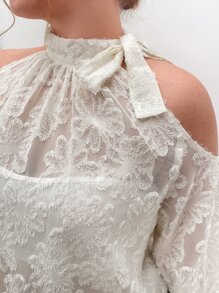 SHEIN Frenchy Plus Cold Shoulder Jacquard Blouse - White - View 4
