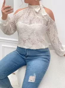 SHEIN Frenchy Plus Cold Shoulder Jacquard Blouse - White - View 6