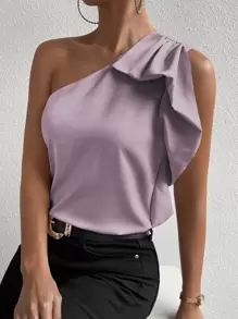 Chiquease Blusa de un hombro fruncido - Púrpura malva - Ver 3