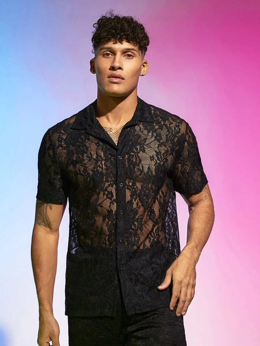 FeverCity Loose Men's Button Front Lace Shirt - Black - View 1