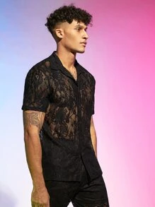 FeverCity Loose Men's Button Front Lace Shirt - Black - View 4