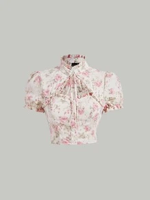 SHEIN MOD Floral Print Tie Neck Puff Sleeve Cut Out Frilled Blouse - Multicolor - View 1