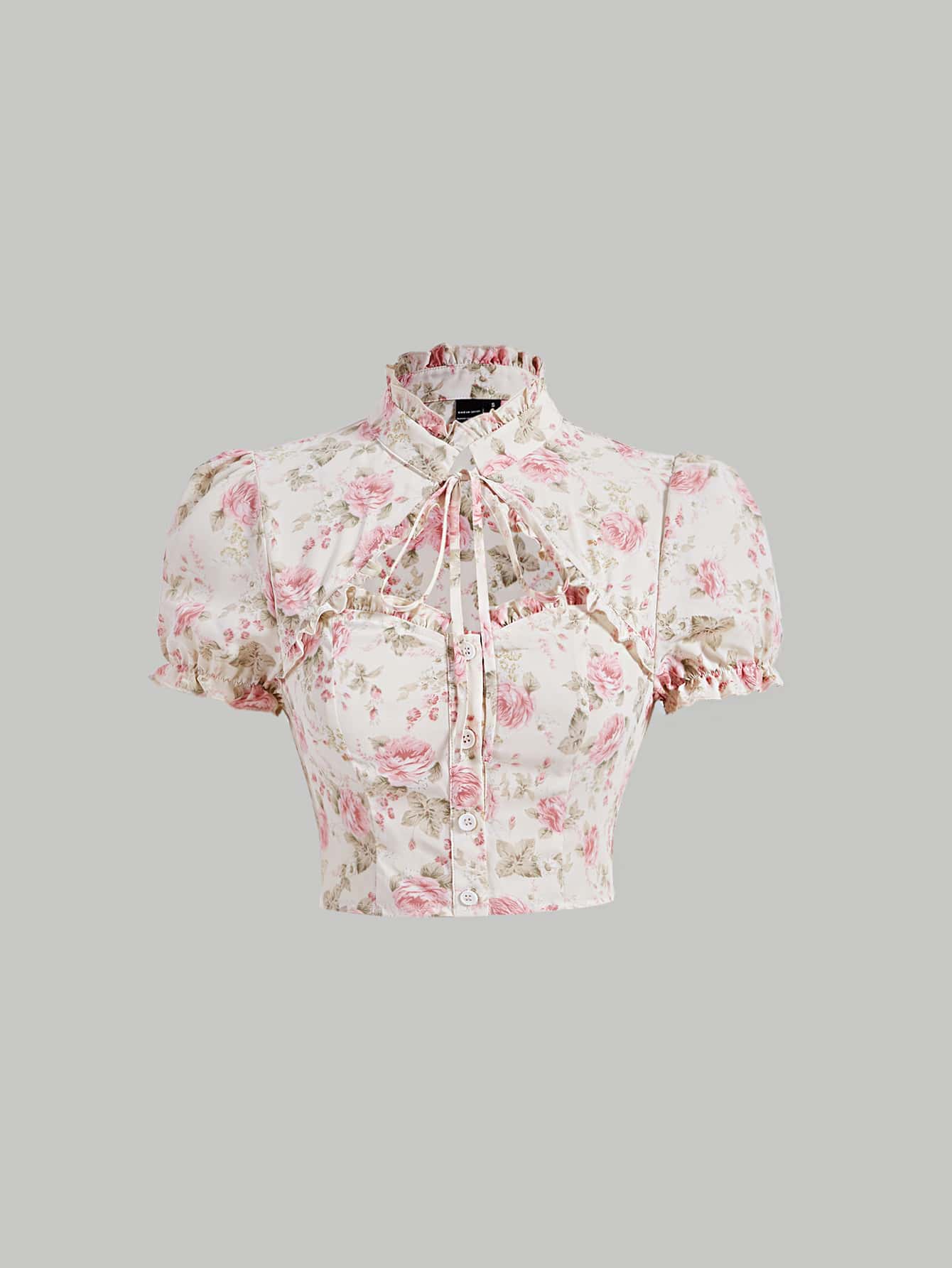 SHEIN MOD Floral Print Tie Neck Puff Sleeve Cut Out Frilled Blouse - Multicolor - View 1